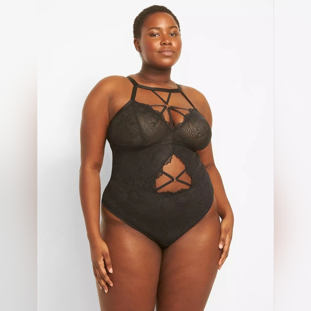 Lane Bryant Cacique Lace High-Neck Ring Bodysuit Size 18/20 Color Black NWT